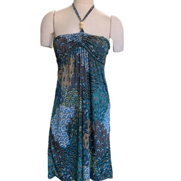 Hypnotik Halter Dress Beaded Strap Sz L Exotic Peacock Floral Print #252G - Picture 1 of 7